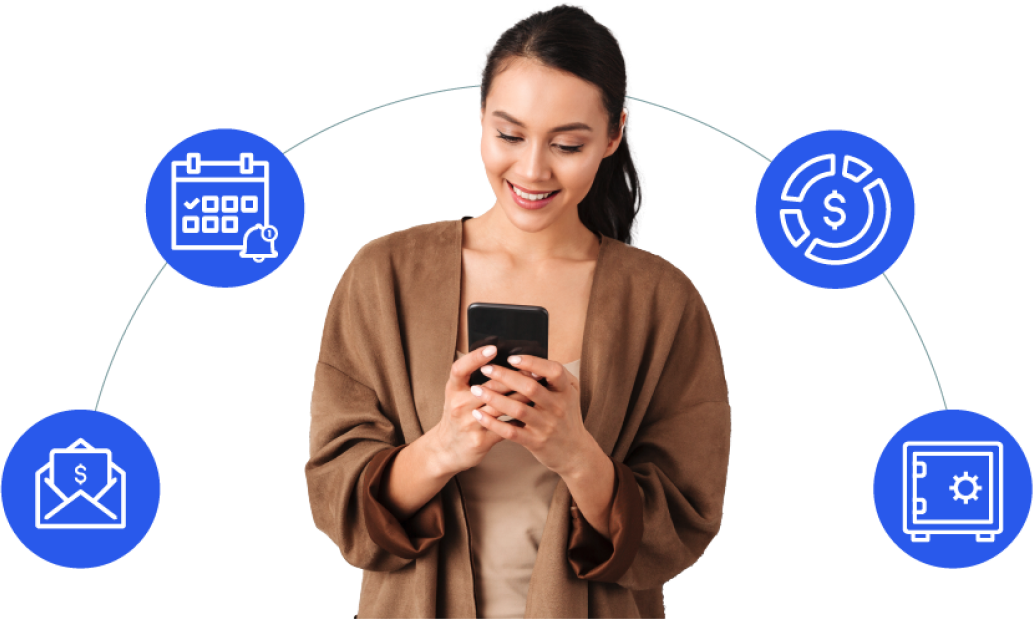 Icons behind a person on a phone, including a bill, a calendar with a bell, a donut chart, and a safe.