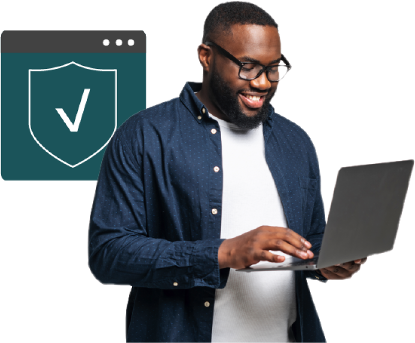 Woman holding an open laptop with a superimposed graphic of a browser window and shield with a checkmark behind her